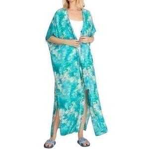 JOHNNY WAS Calme Turquoise V Neck Maxi Kaftan Dress